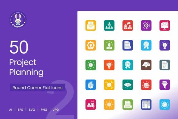 Project Planning Round Corner Flat Icons: Modern Graphics