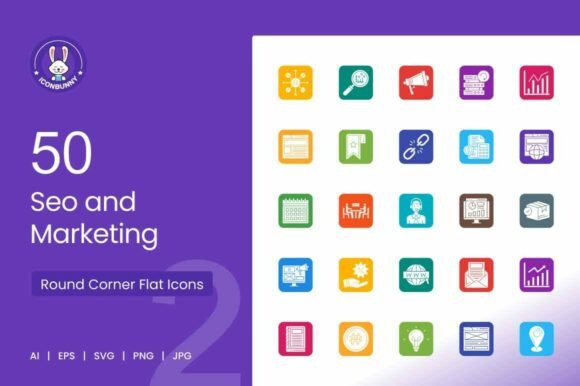SEO Marketing Round Corner Flat Icons: Modern Graphics