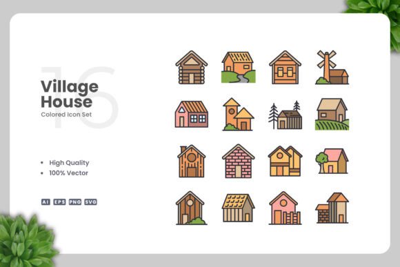 Village House Colored Icons: Graphics for Branding